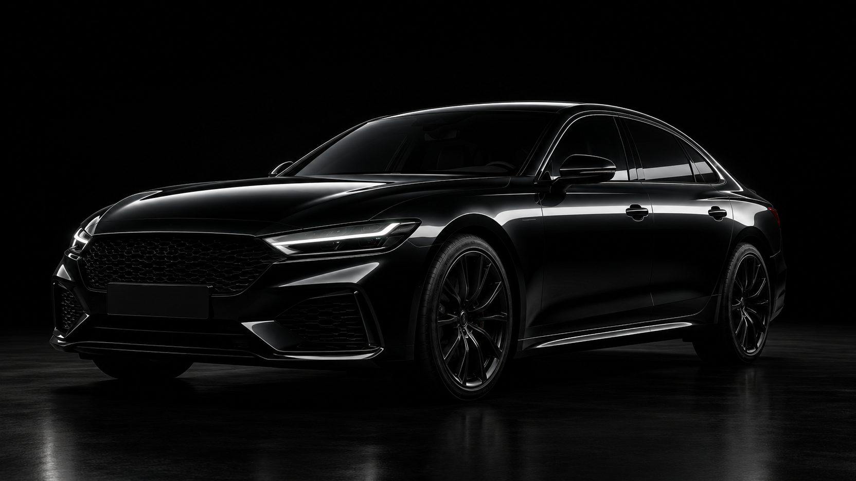 A dark sedan in a black studio, a soft band of light across its paint
