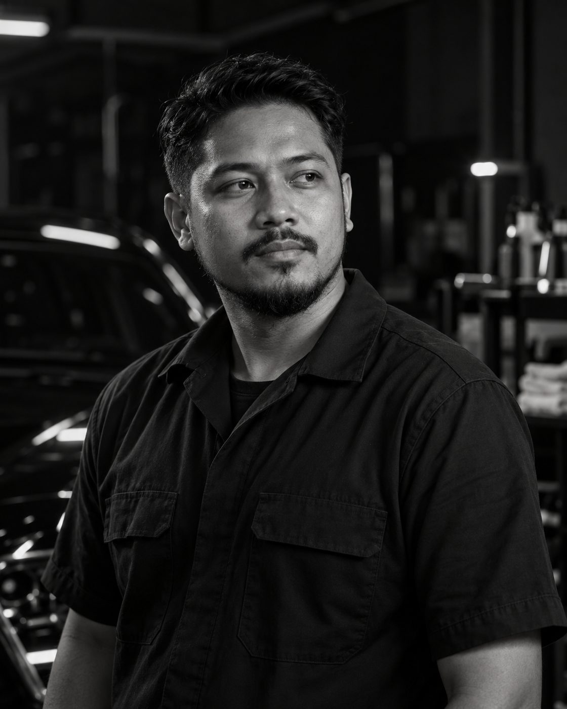 Black and white portrait of Hafiz Rahman, founder and lead detailer, in the studio